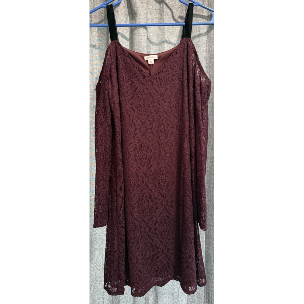 Xhilaration Dress Womens Size M Burgundy Lace Lined Long Sleeve Open Shoulder